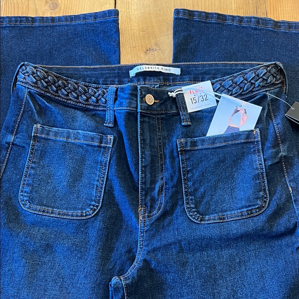 Celebrity Pink Dark Blue Denim Jeans with Braided Waist - Picture 3 of 5
